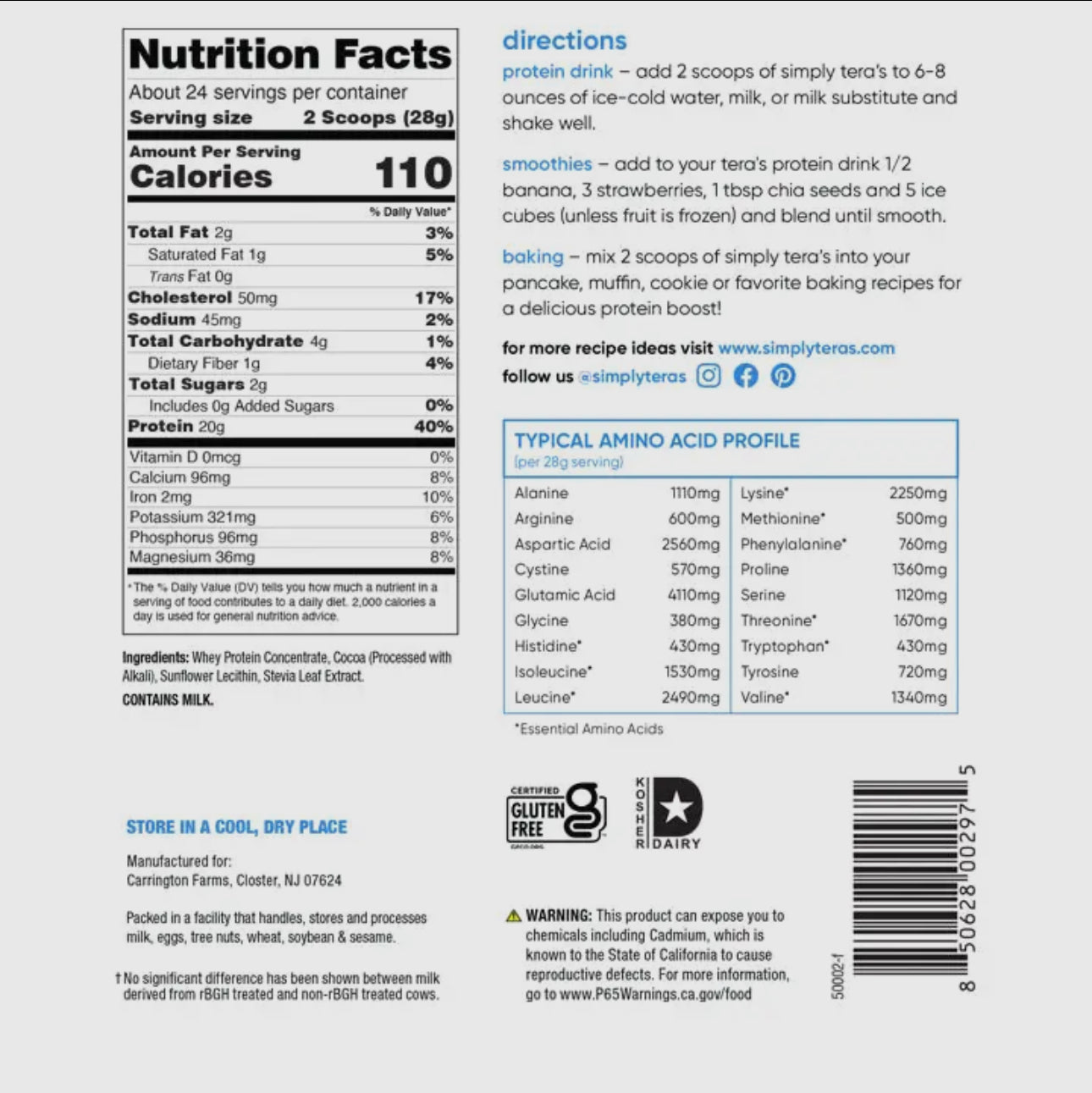 Simply Tera’s Pure Whey Protein- Grass-fed- Dark Chocolate 1.5lbs