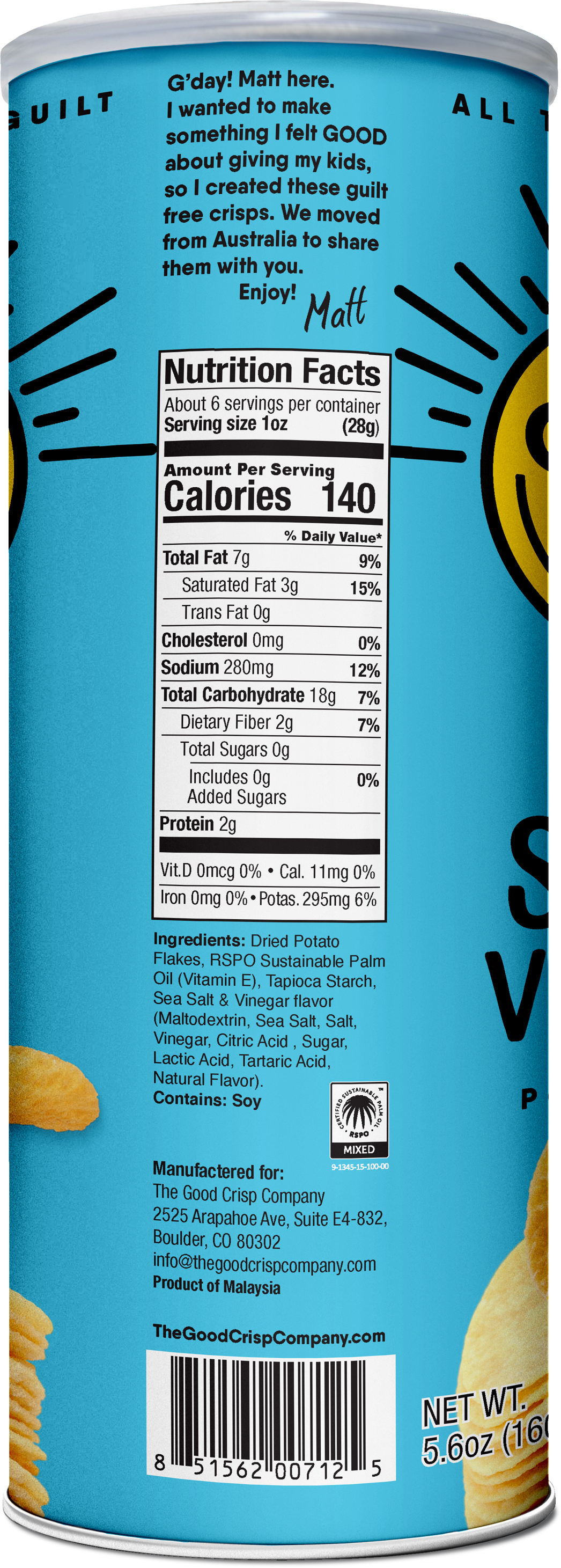 The Good Crisp Company Sea Salt & Vinegar Chips - 5.6oz Can