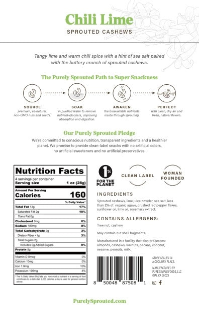 Purely Sprouted Chili Lime & Sea Salt Sprouted Cashews 4oz.